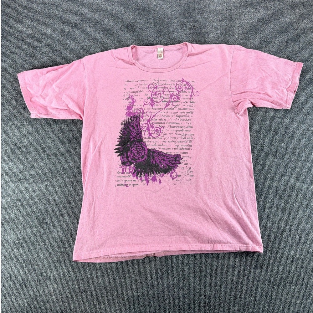 Anvil Womens Pink Crow Rose T-Shirt Script Print Cotton Top Large 90's Y2K